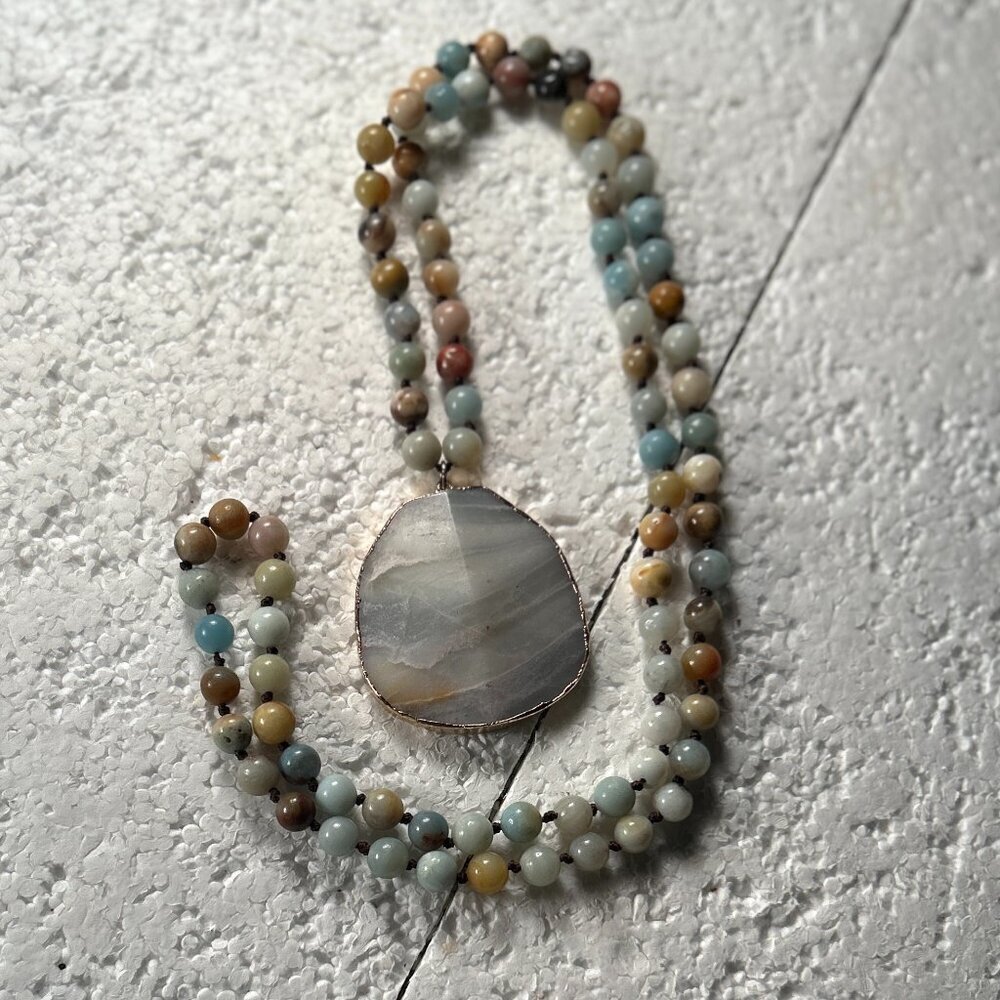 Stone Agate Multi Color Beaded Blue Gray Medallion Necklace Artsy Boho Festival